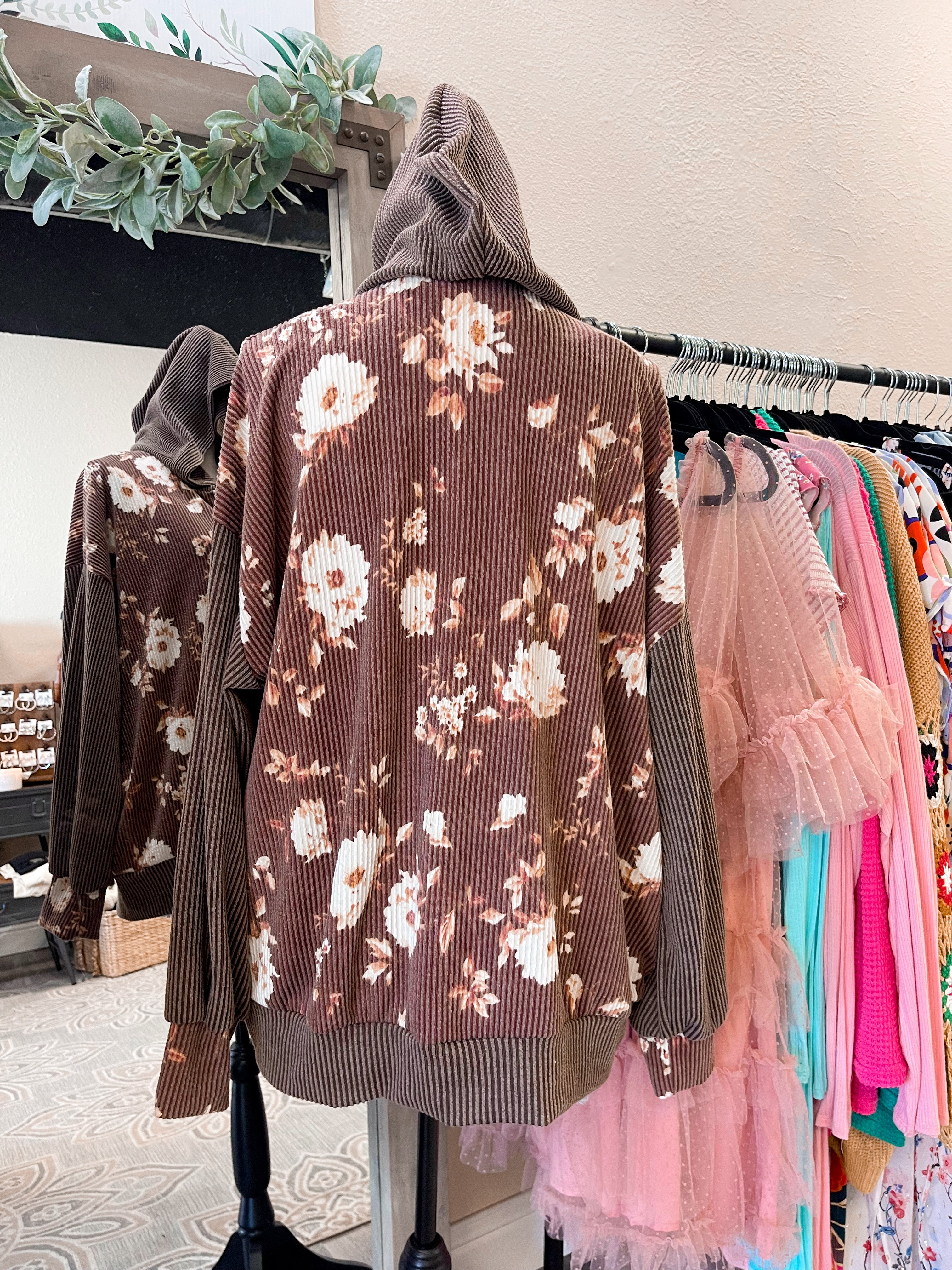 Ramona Ribbed Floral Zip Up Brown