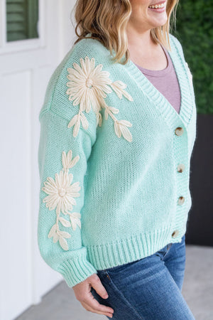 Robyn Mint & Tan Flower Detail Cardigan