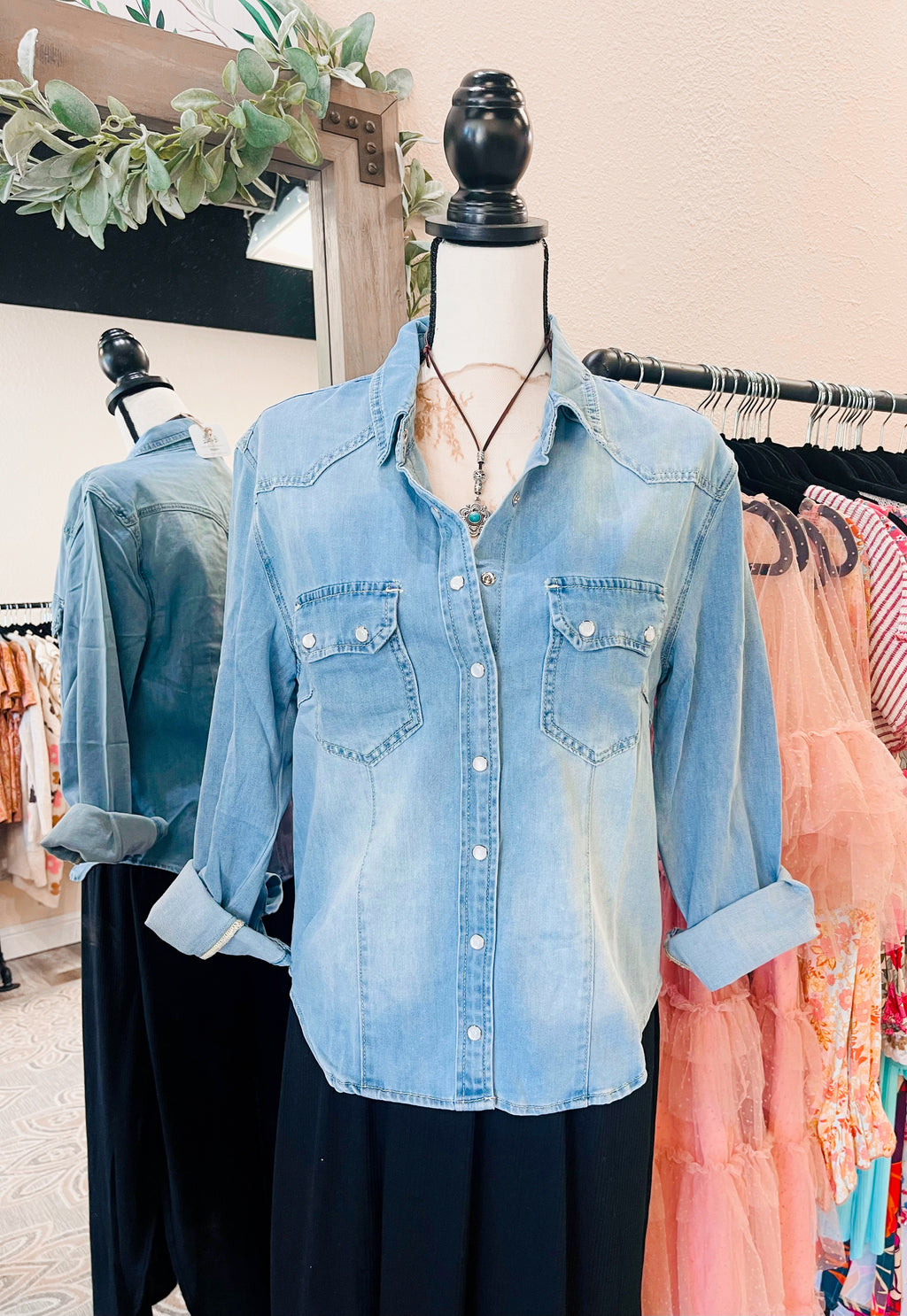 Dolly Stretch Pearl Snap Denim Shirt