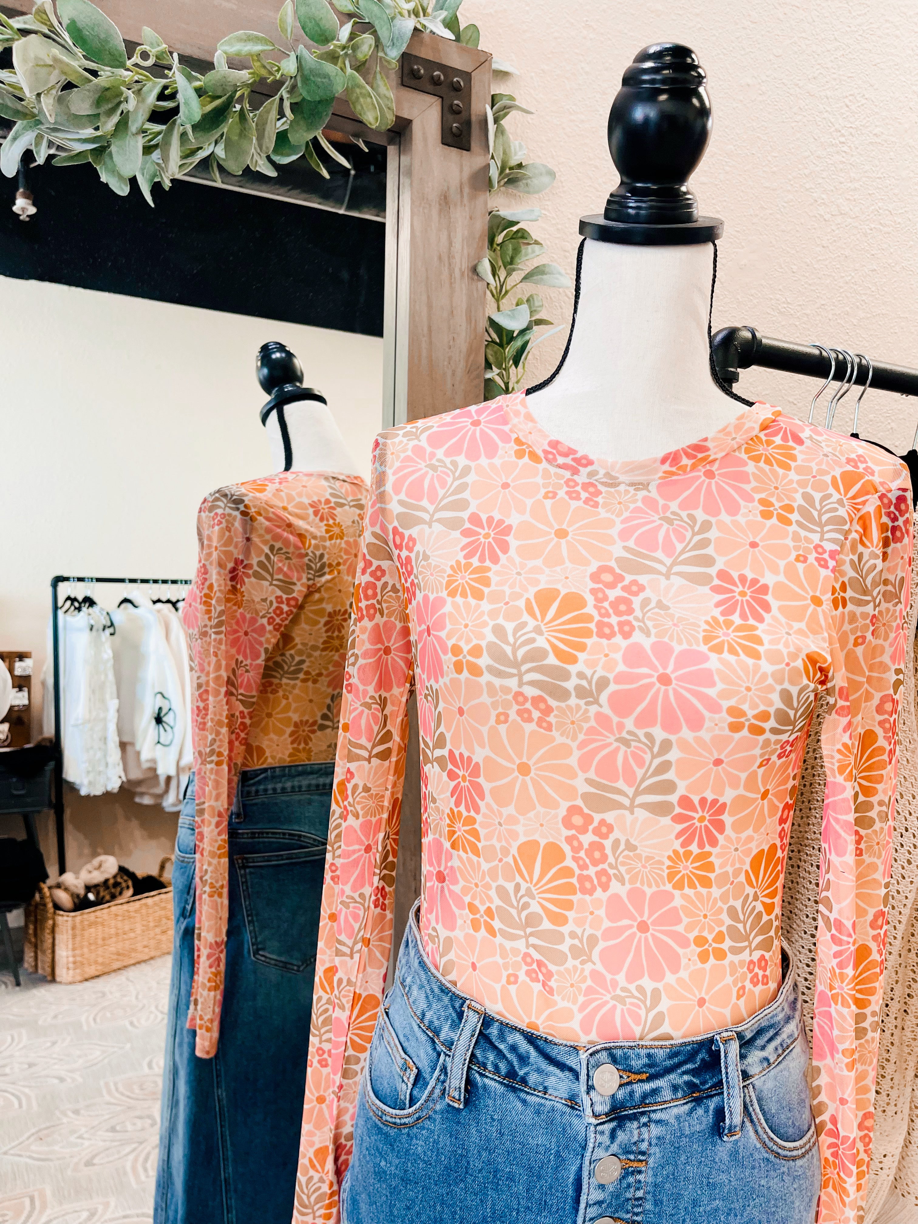 Vintage Floral Mesh Top Retro