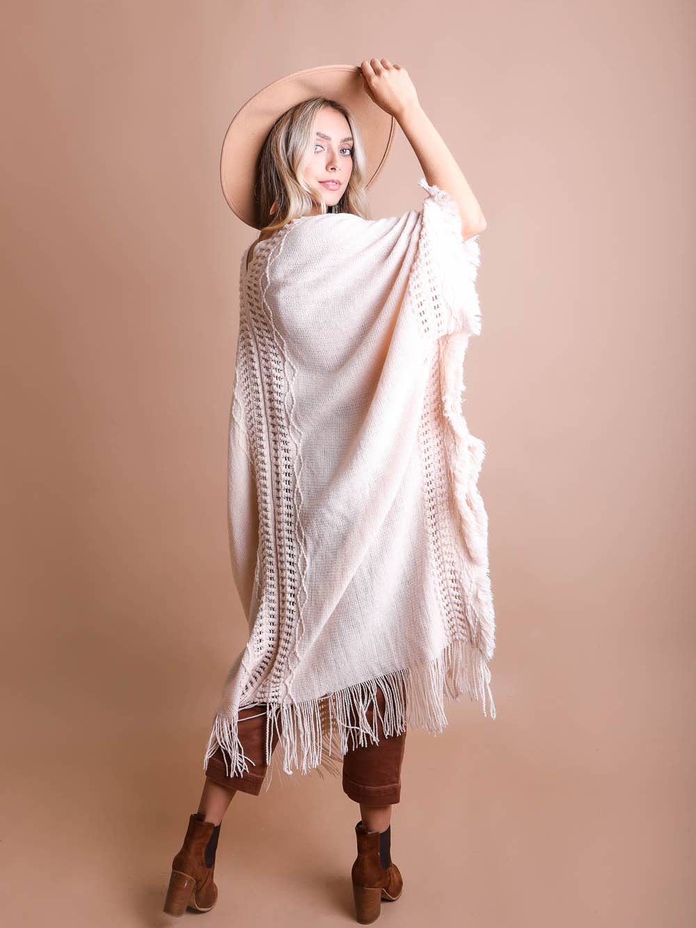 Trinidad Fringe Knit Kimono Beige