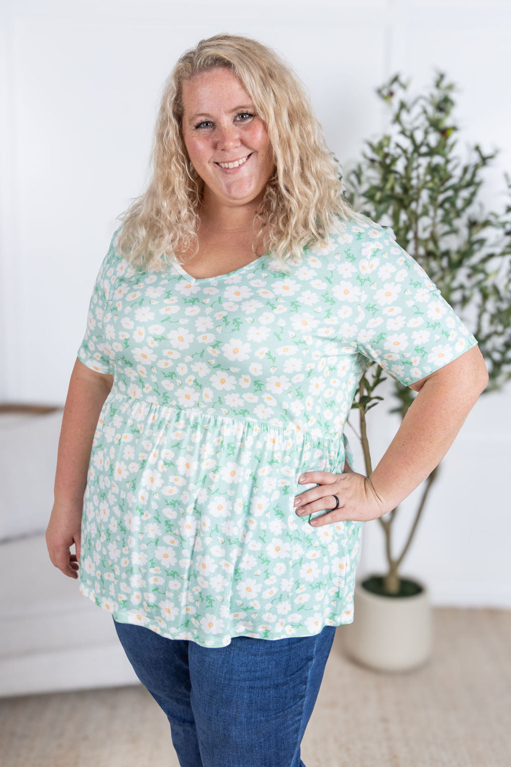 Sarah Ruffle Top Green Floral