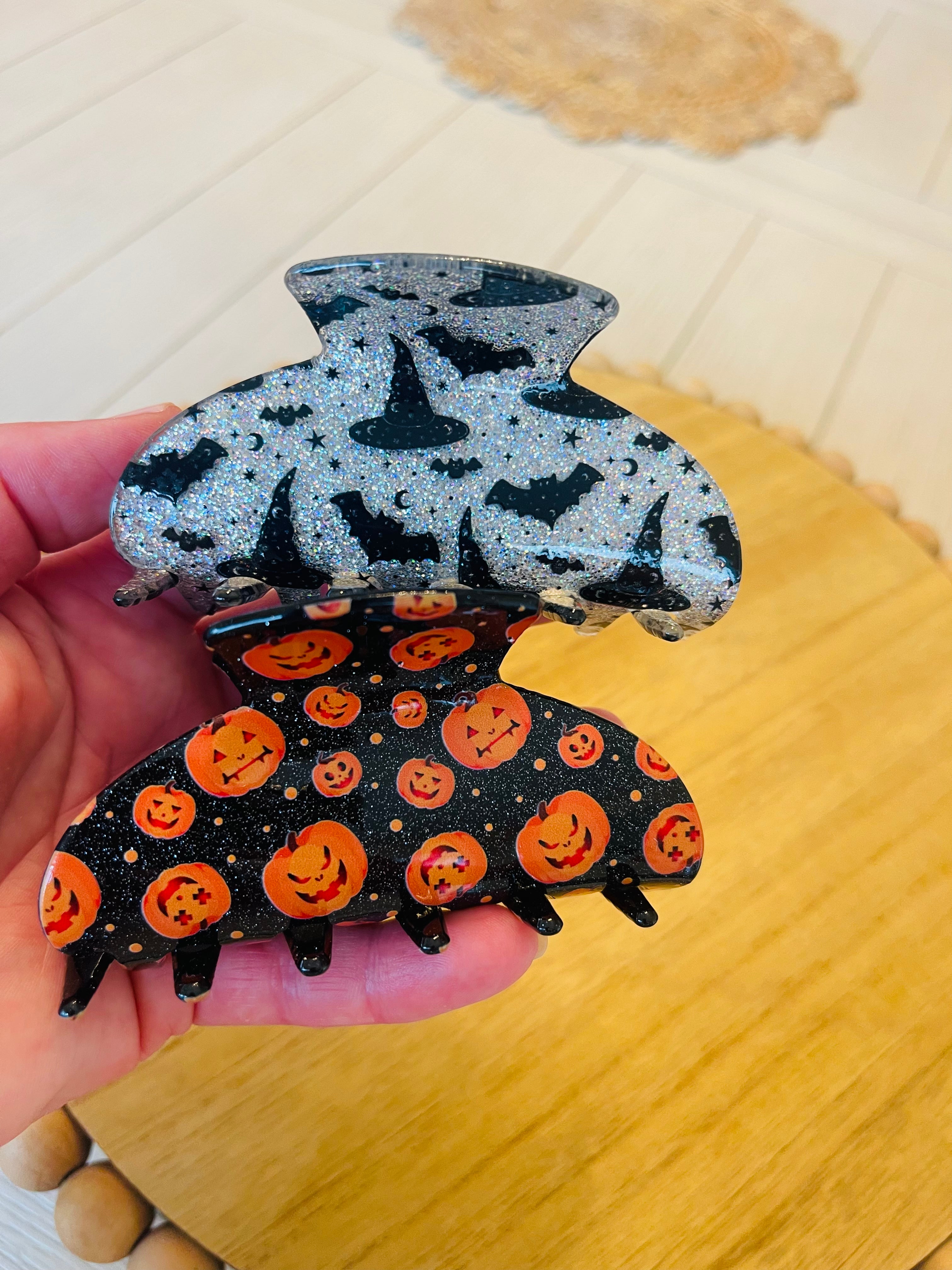 Halloween Sparkle Bats & Hats Hair Claw Clip