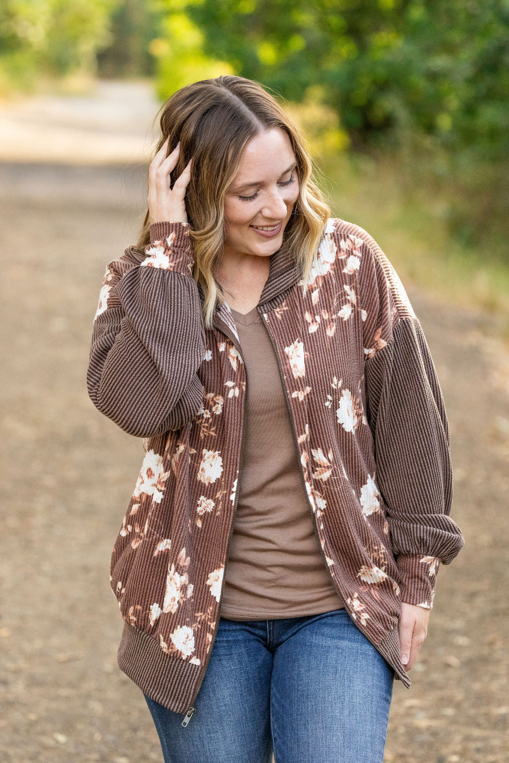 Ramona Ribbed Floral Zip Up Brown