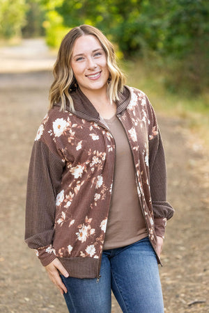 Ramona Ribbed Floral Zip Up Brown