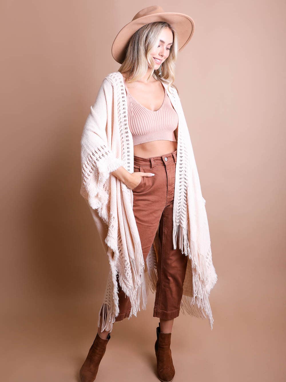 Trinidad Fringe Knit Kimono Beige