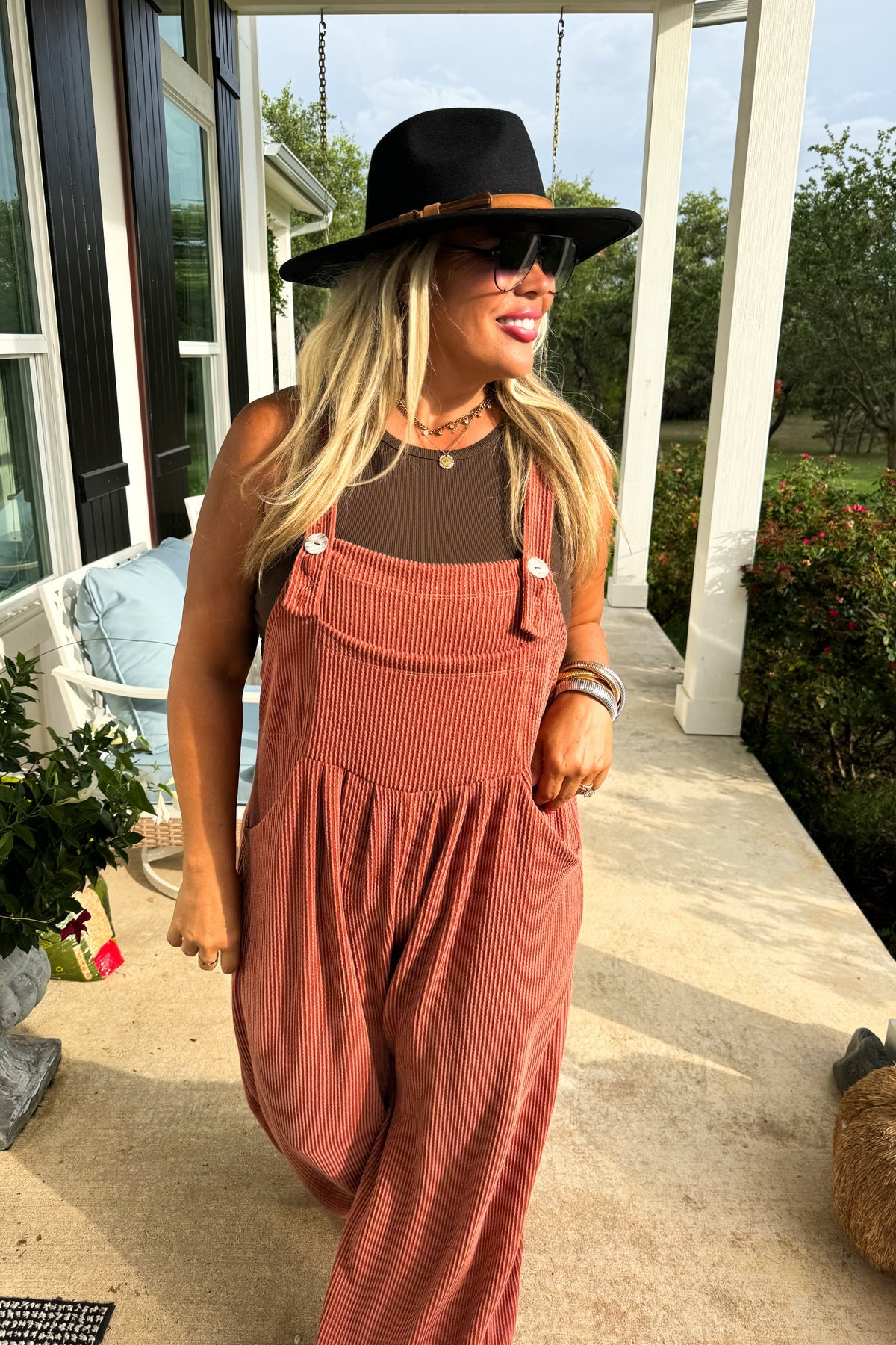 Fall Ribbed Karli Boho Overalls - Rust