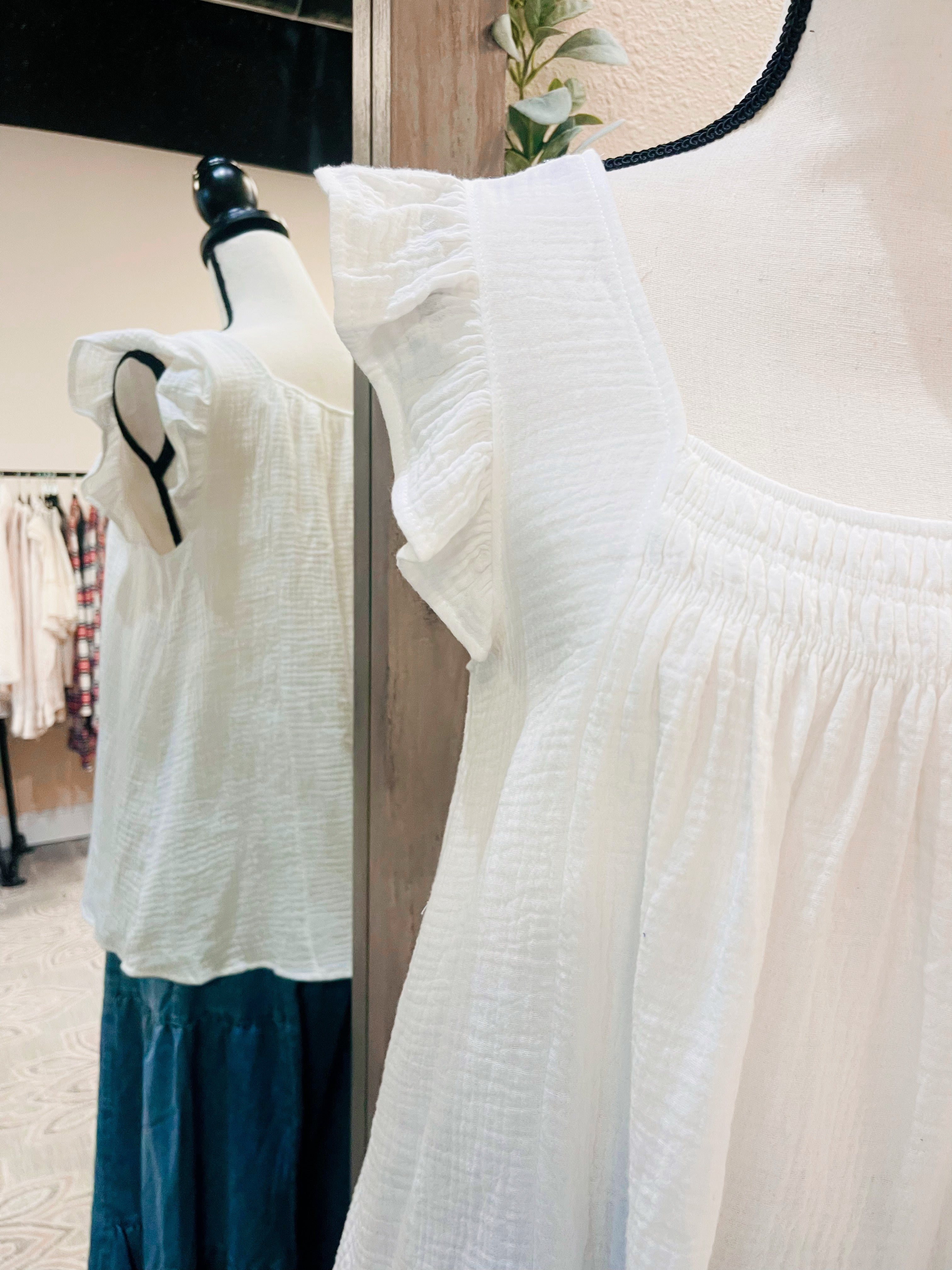 A Little More Summertime White Flutter Tank