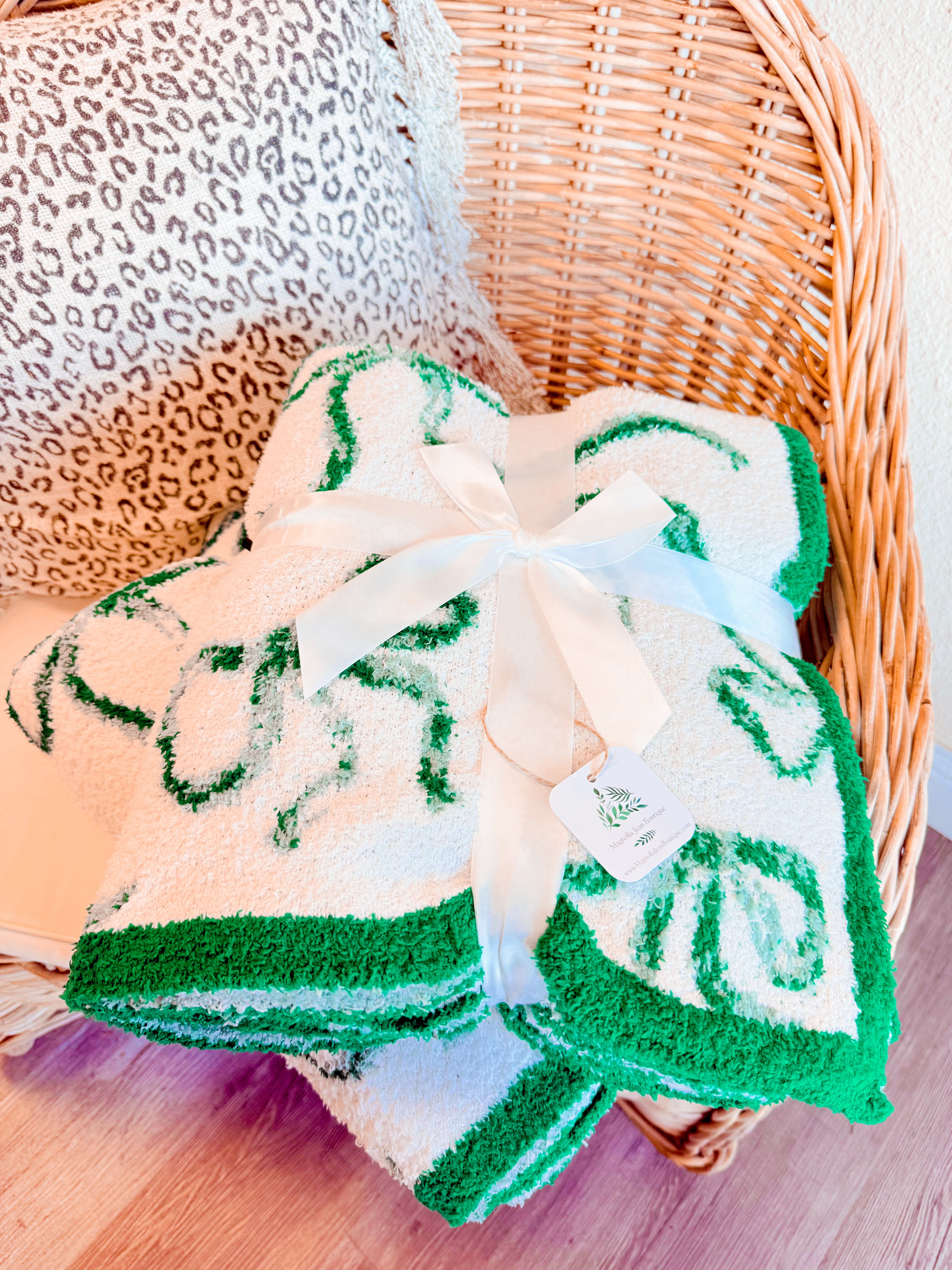Plush & Fuzzy Blanket Green Ribbons