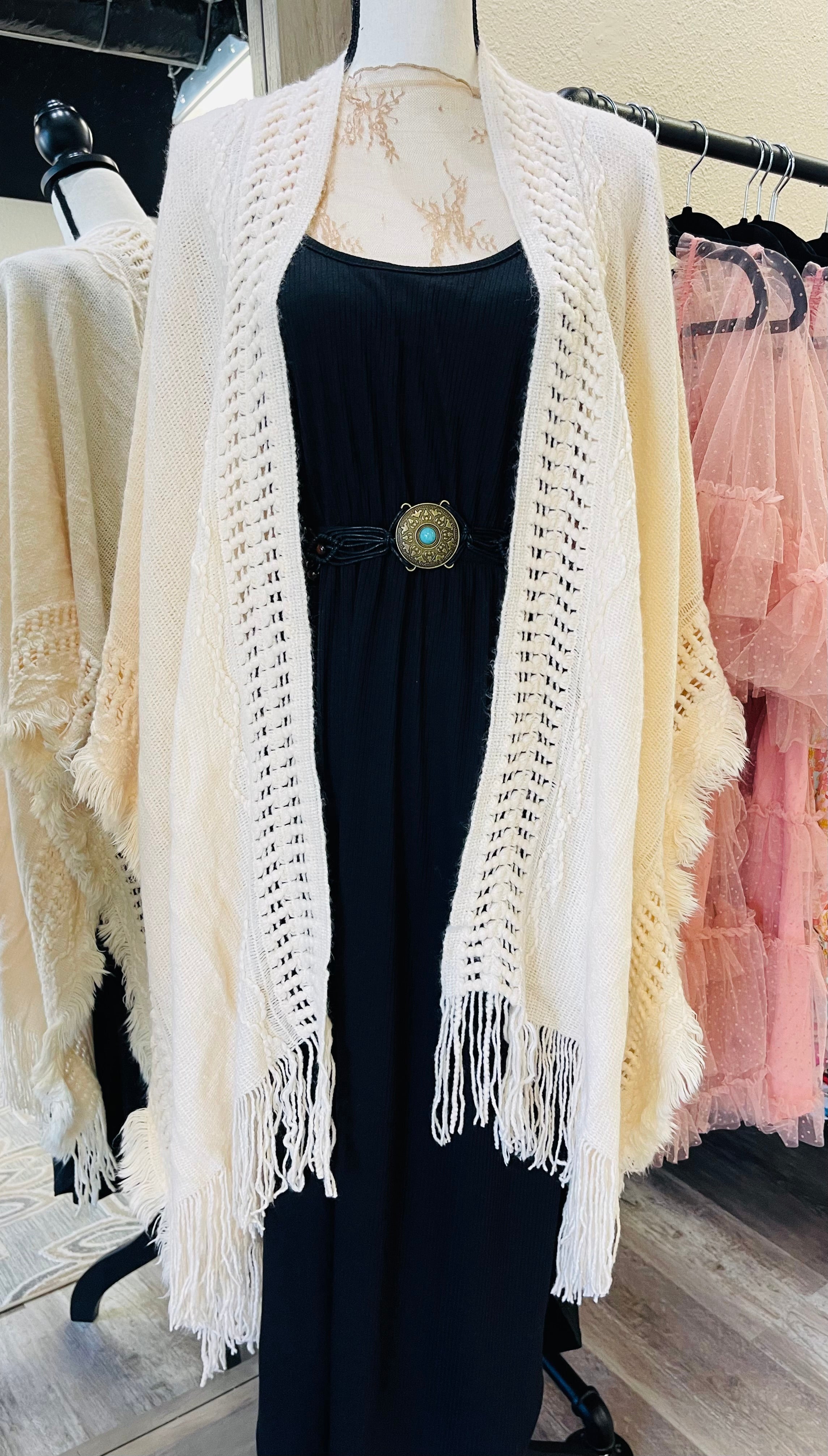 Trinidad Fringe Knit Kimono Beige