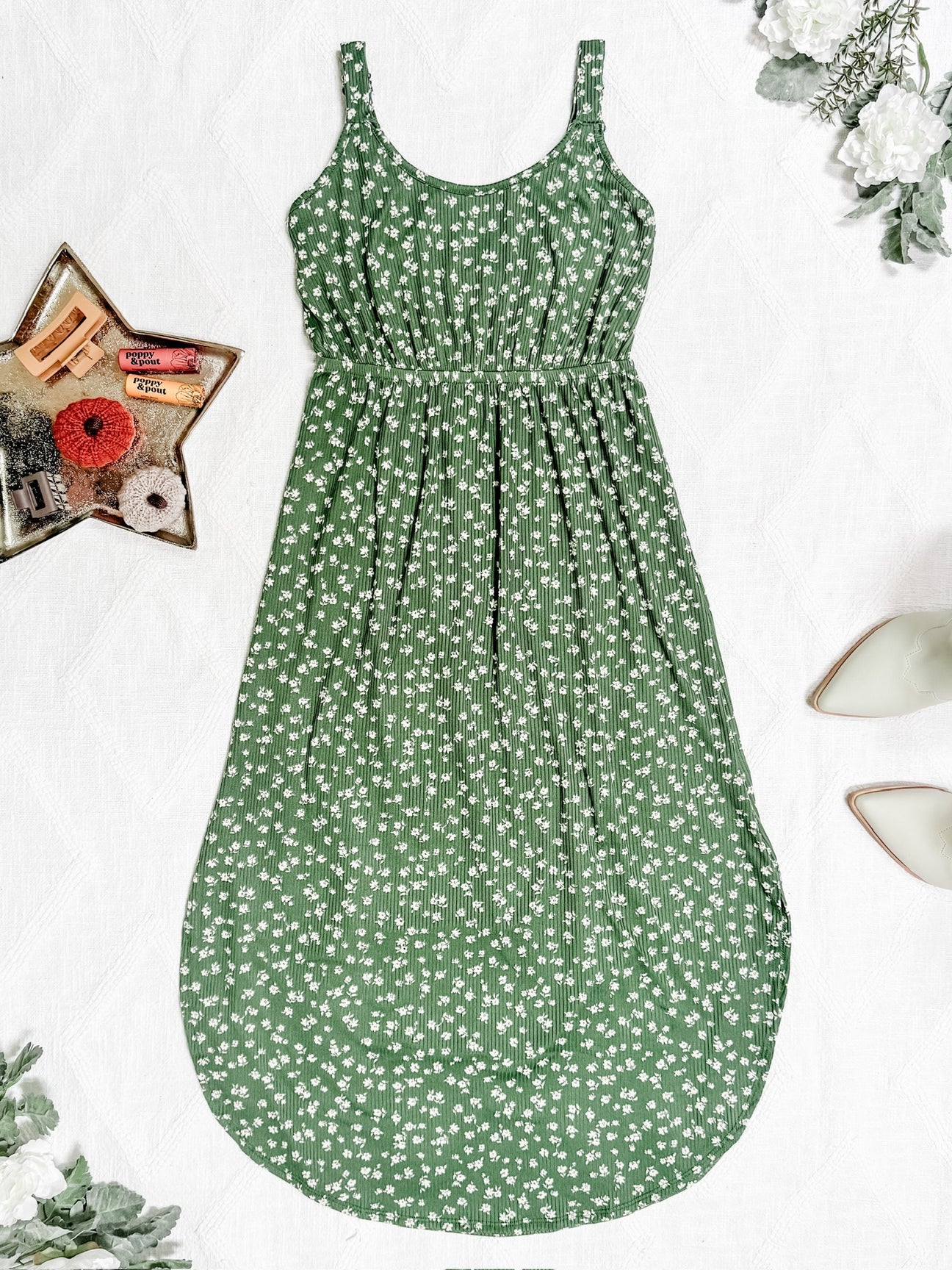 Reagan Ribbed Midi Dress Olive Floral