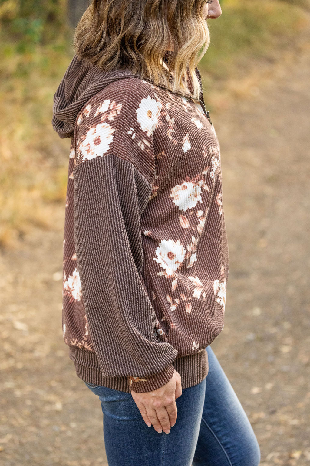 Ramona Ribbed Floral Zip Up Brown