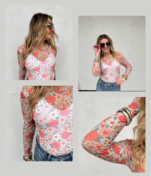 Vintage Floral Mesh Top Pink Boho