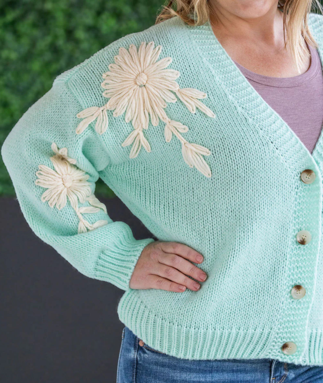 Robyn Mint & Tan Flower Detail Cardigan