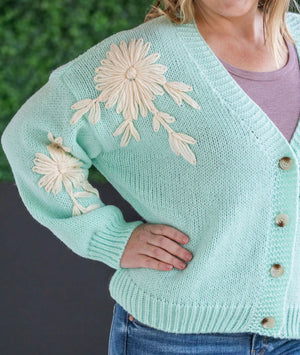 Robyn Mint & Tan Flower Detail Cardigan