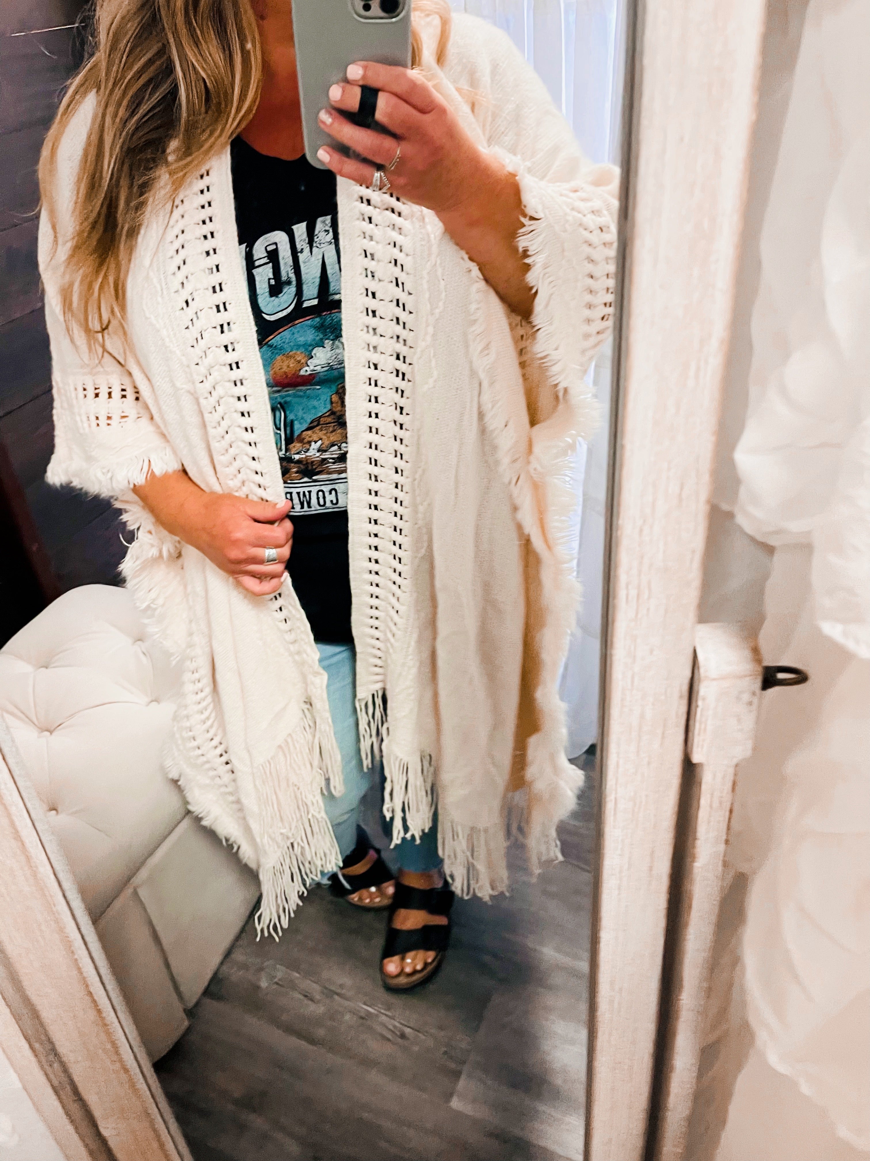 Trinidad Fringe Knit Kimono Beige