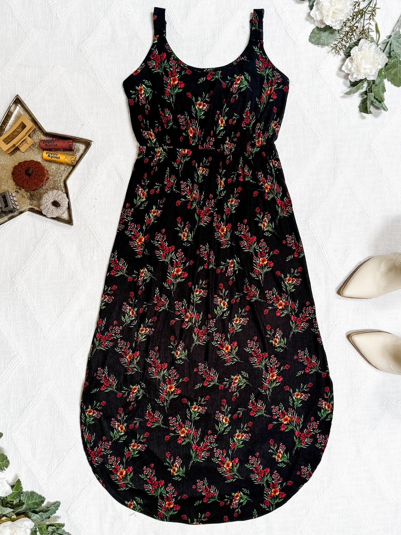 Reagan Ribbed Midi Dress Black Floral