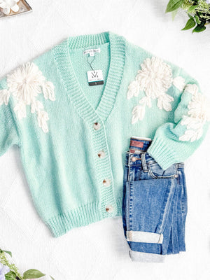 Robyn Mint & Tan Flower Detail Cardigan