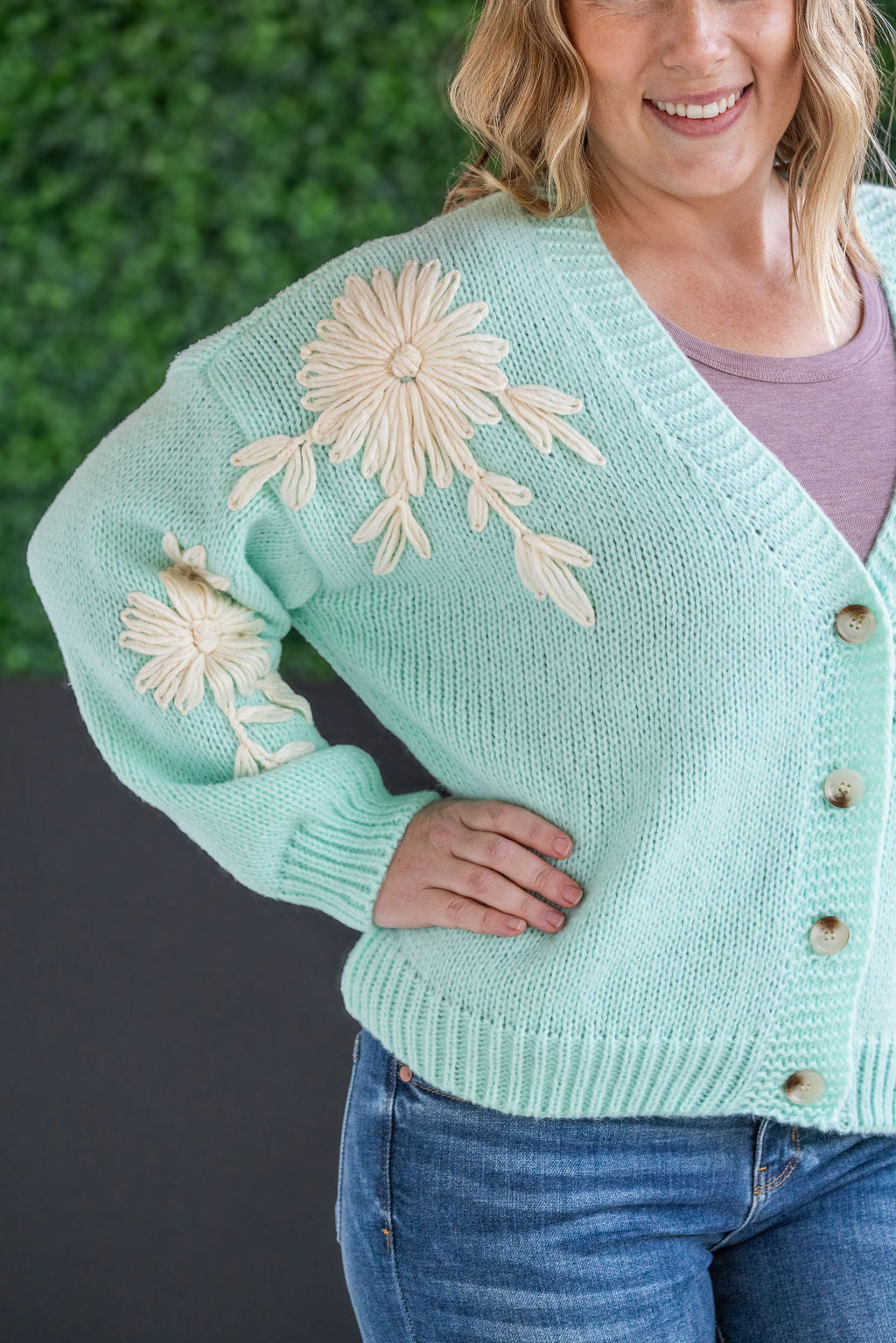 Robyn Mint & Tan Flower Detail Cardigan