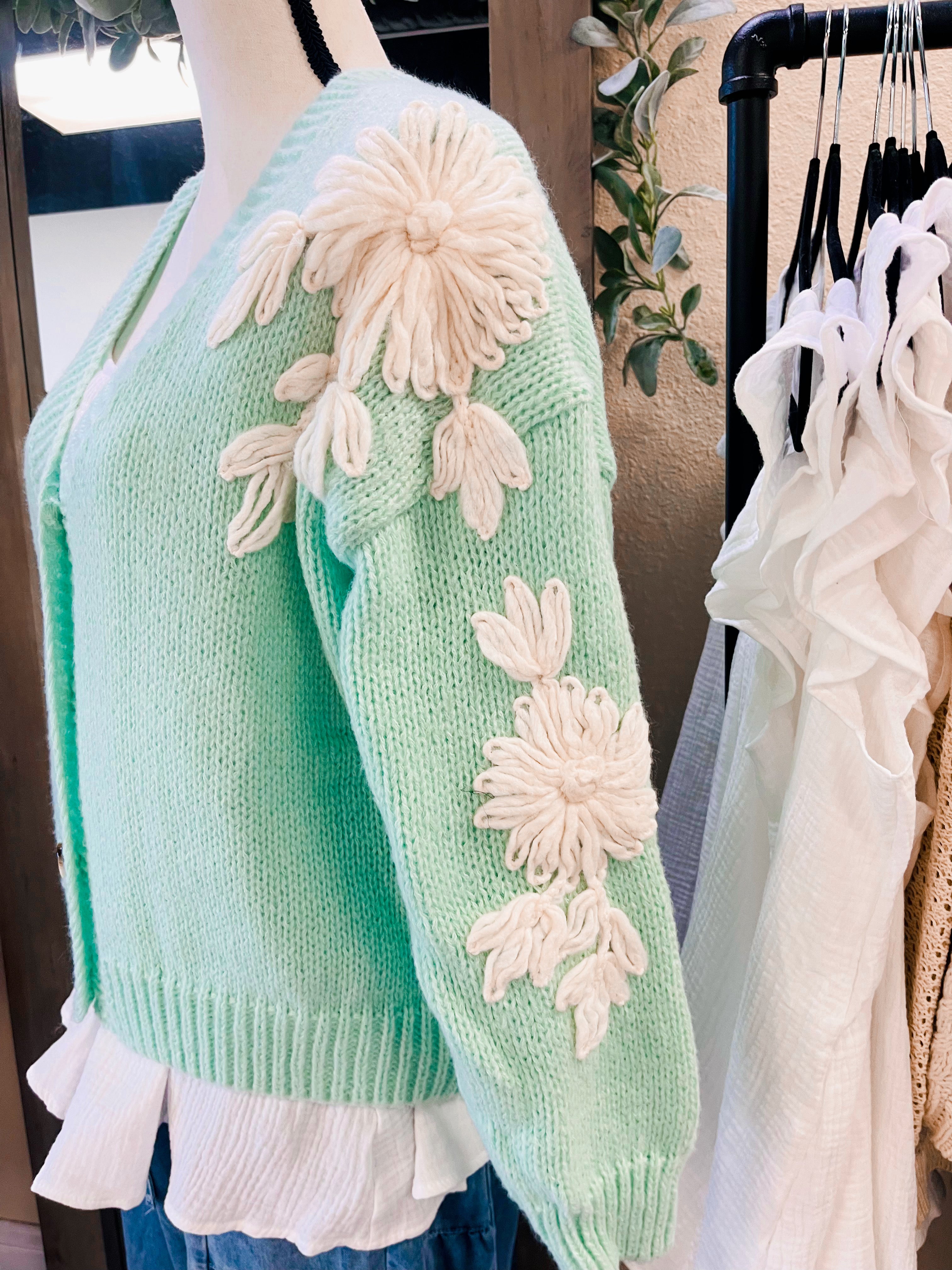 Robyn Mint & Tan Flower Detail Cardigan