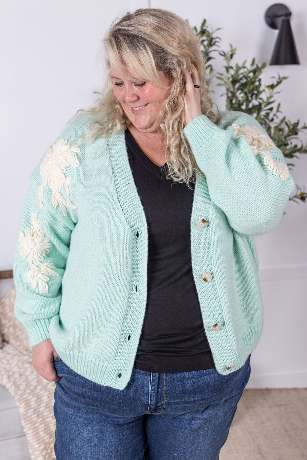 Robyn Mint & Tan Flower Detail Cardigan