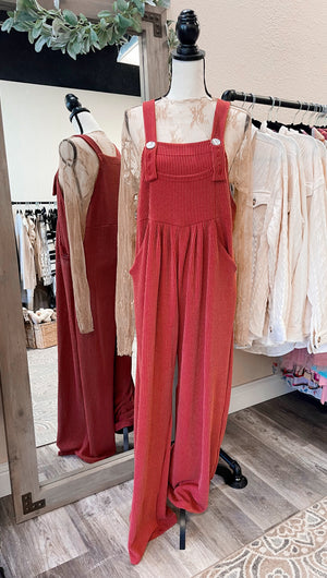 Fall Ribbed Karli Boho Overalls - Rust