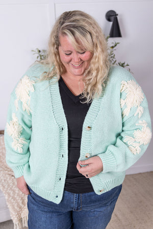 Robyn Mint & Tan Flower Detail Cardigan