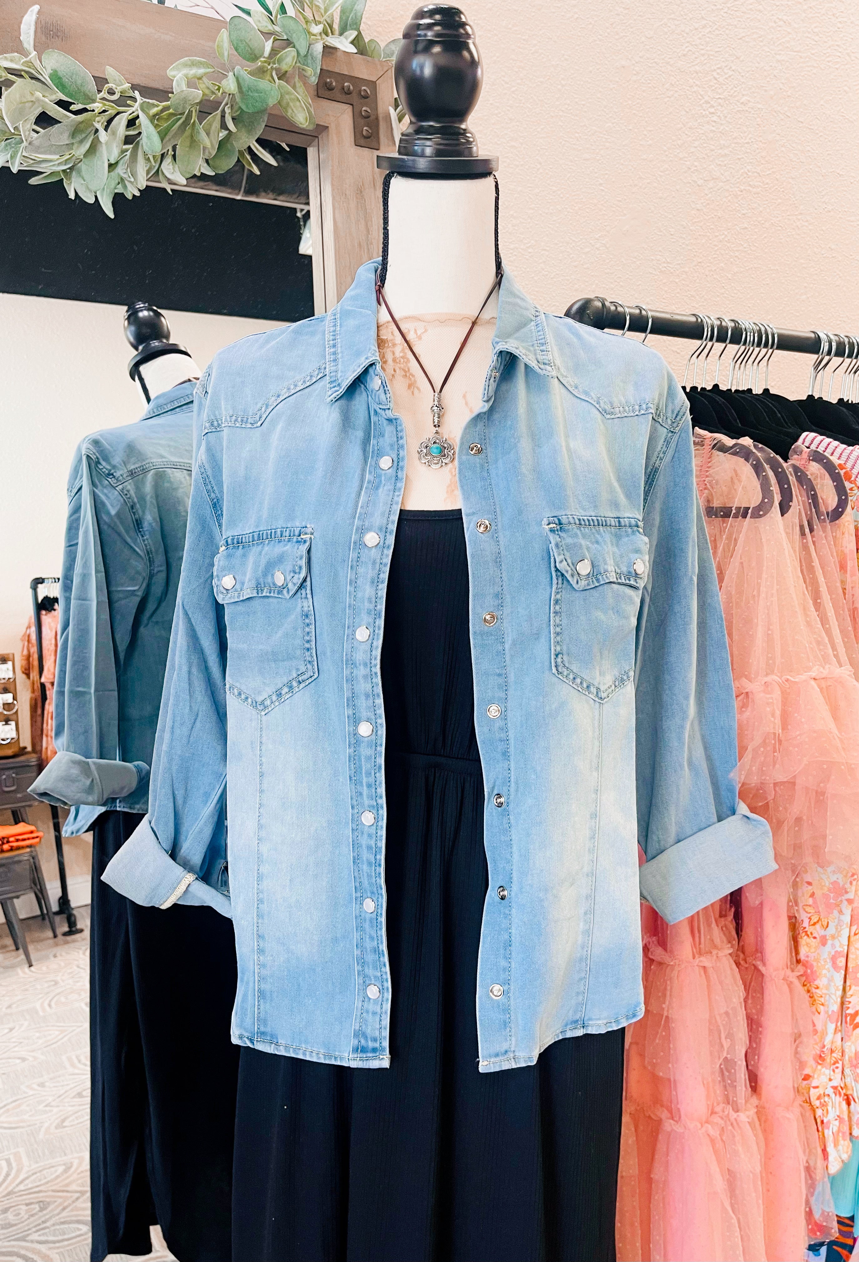 Dolly Stretch Pearl Snap Denim Shirt