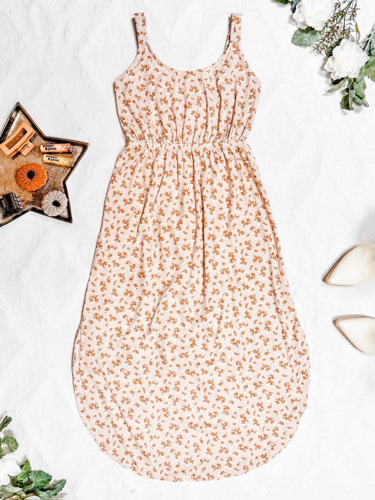 Reagan Ribbed Midi Dress Sand Rust Floral