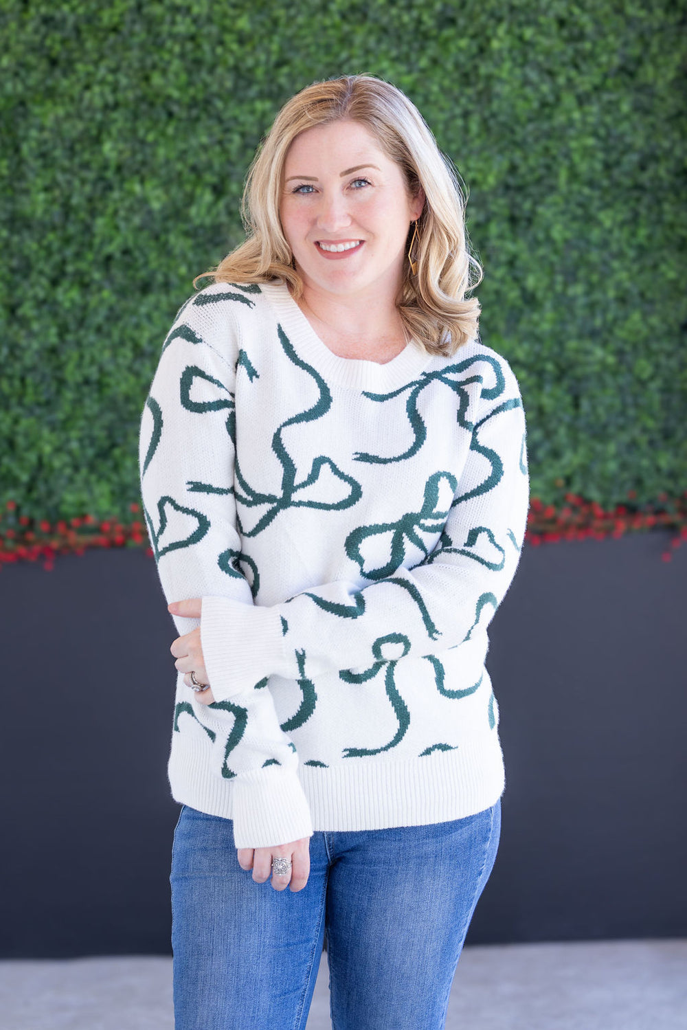 Holiday Ribbons Sweater White Hunter Green