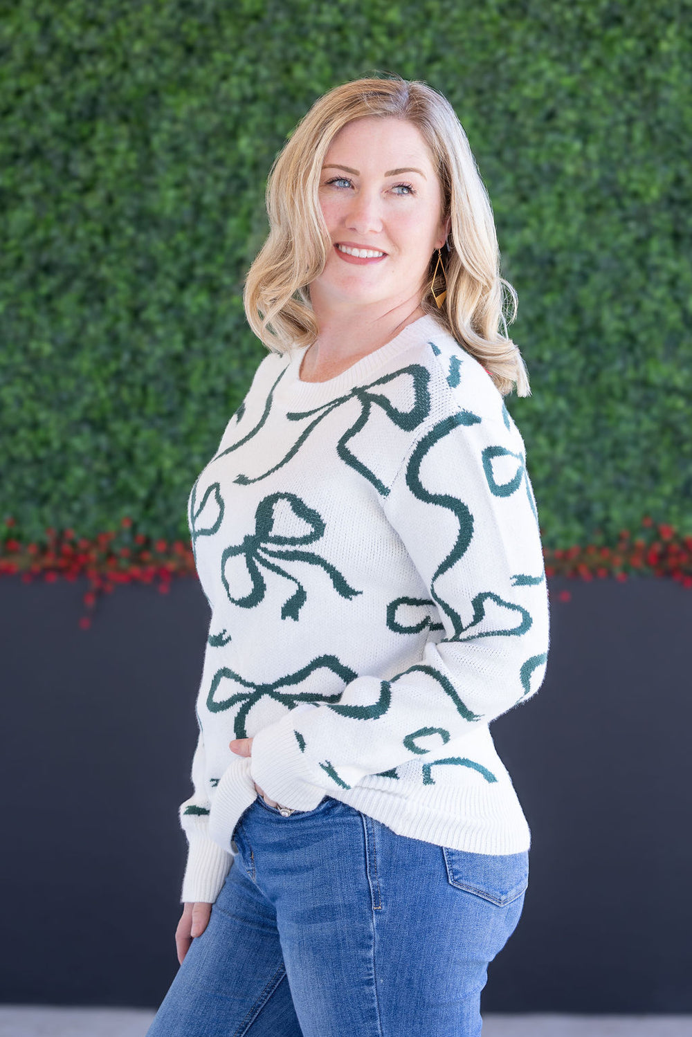 Holiday Ribbons Sweater White Hunter Green