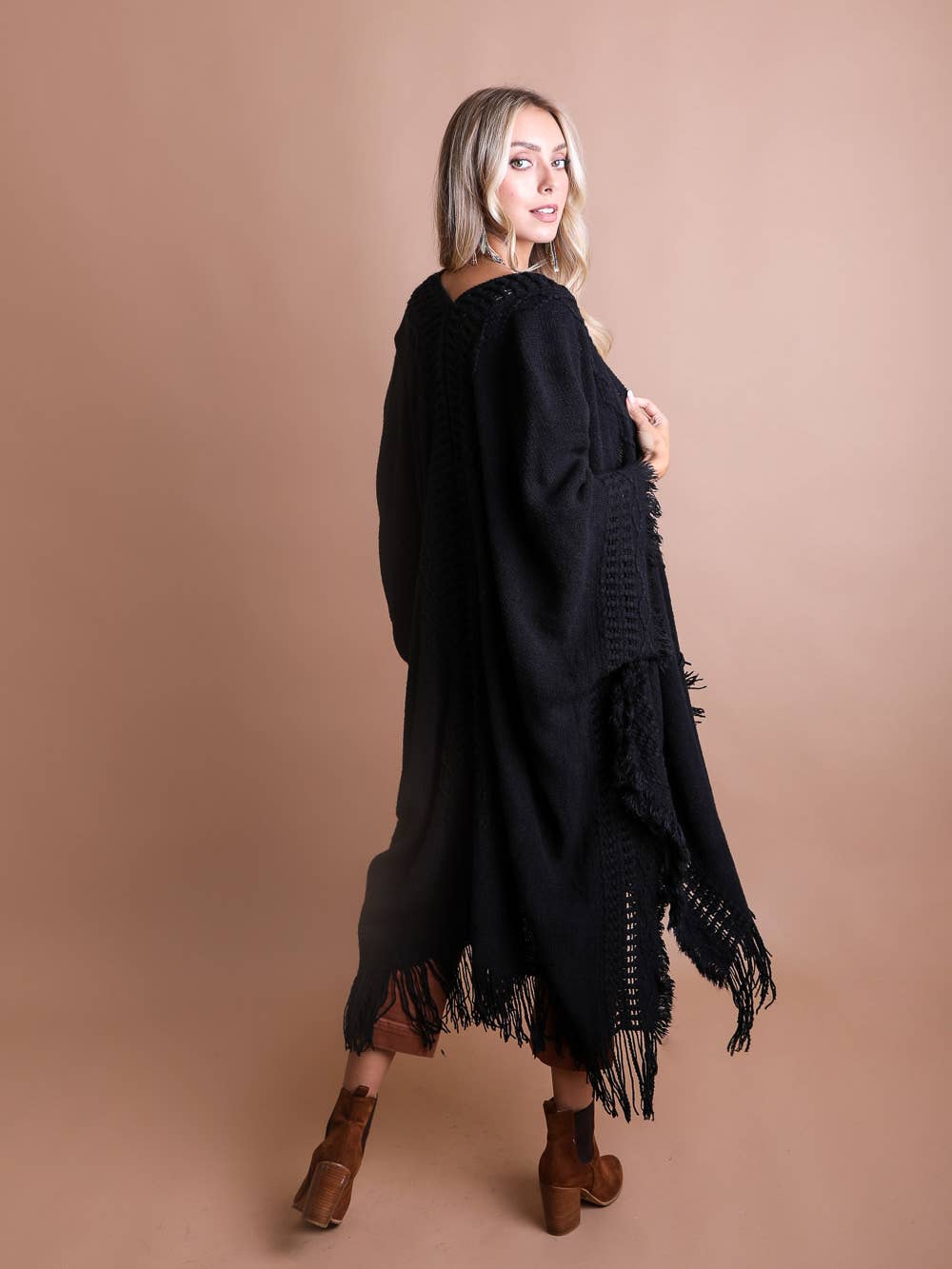 Trinidad Fringe Knit Kimono Black