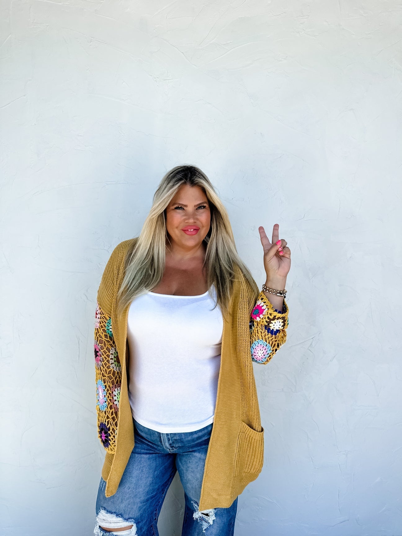 Mustard Crochet Sleeve Cardigan