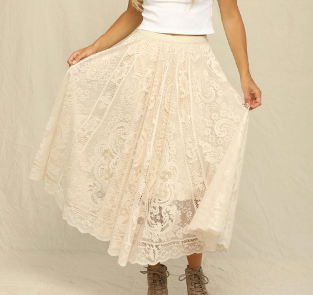Bristol Floral Lace Long Skirt Cream