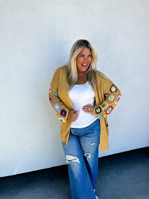 Mustard Crochet Sleeve Cardigan