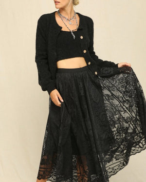 Bristol Floral Lace Long Skirt Black