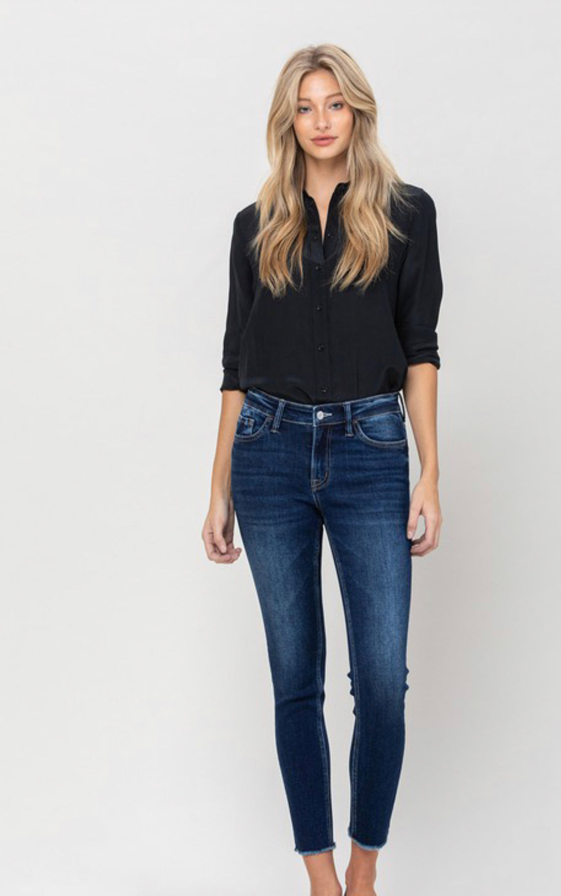 Emerson Dark Wash Mid Rise Skinny Jeans by Vervet