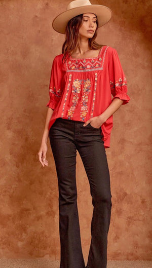 Wildflower Embroidery Top Tomato Red