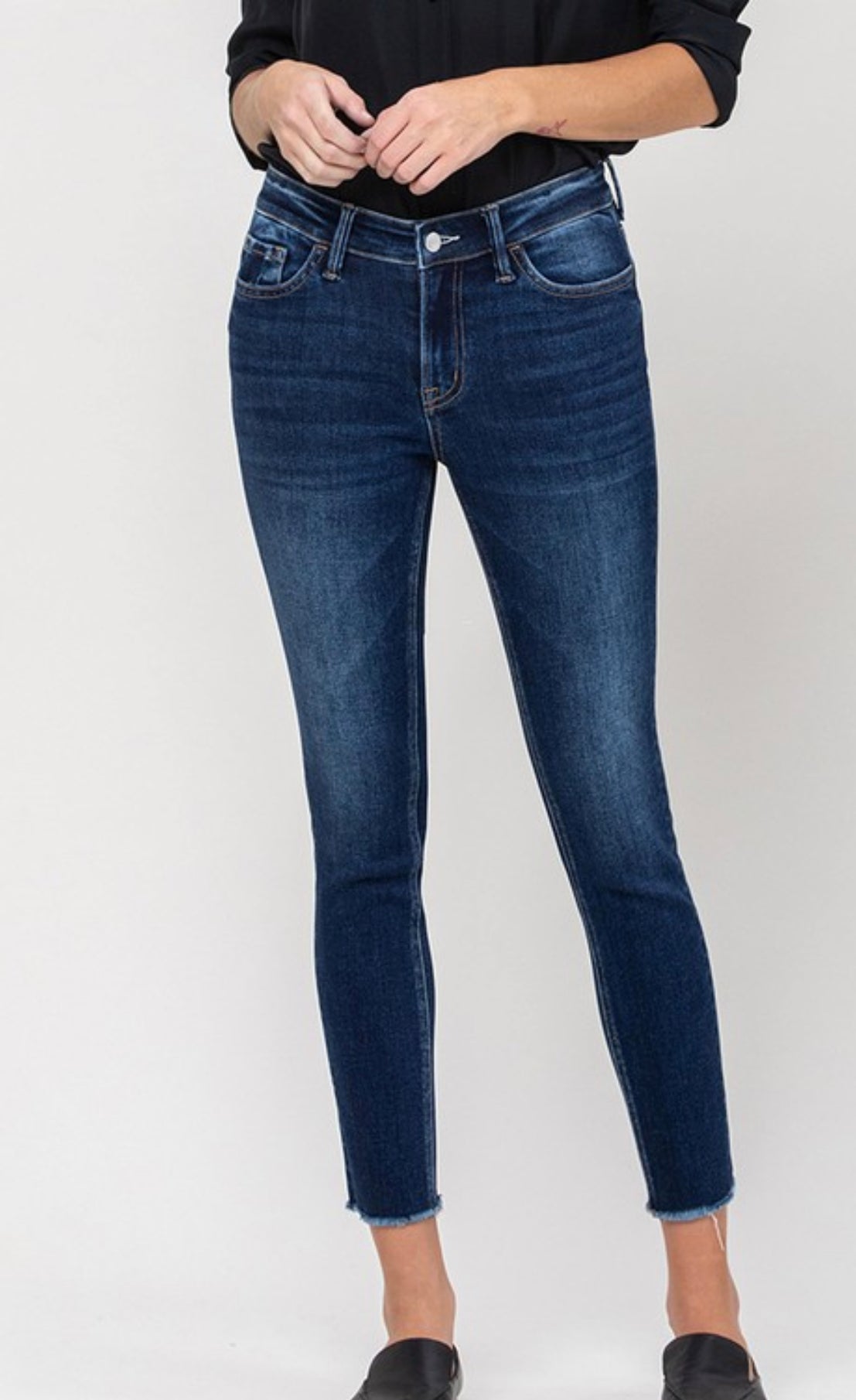 Emerson Dark Wash Mid Rise Skinny Jeans by Vervet