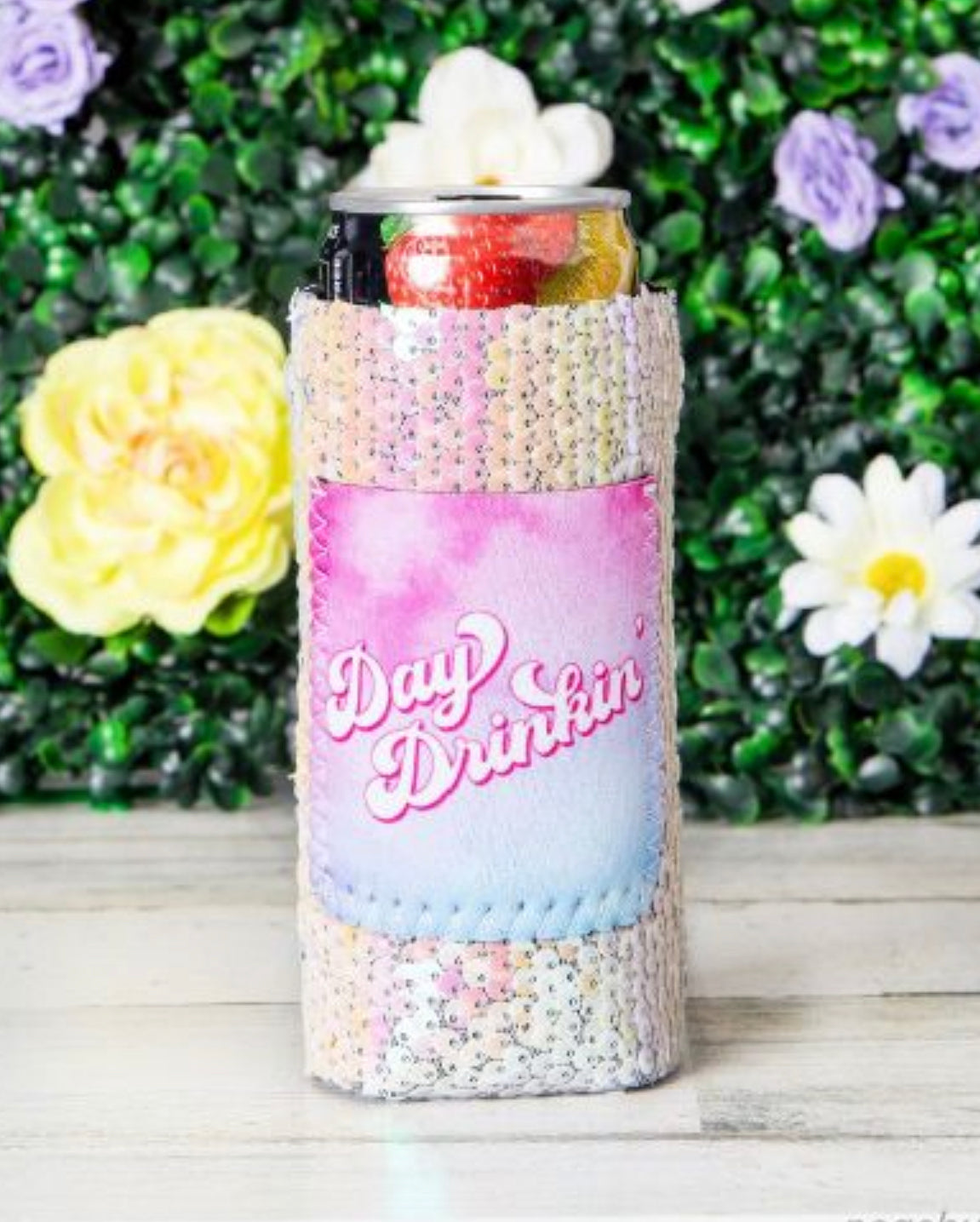 Peachy Keen Day Drinking Sequin Can Coolers For Slim Can