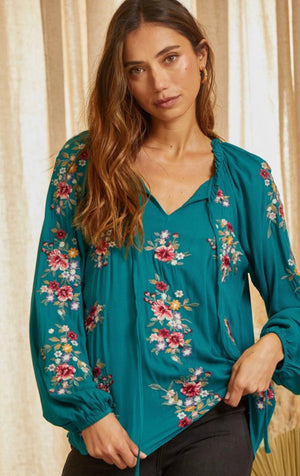 Walk The Line Teal Embroidery Top