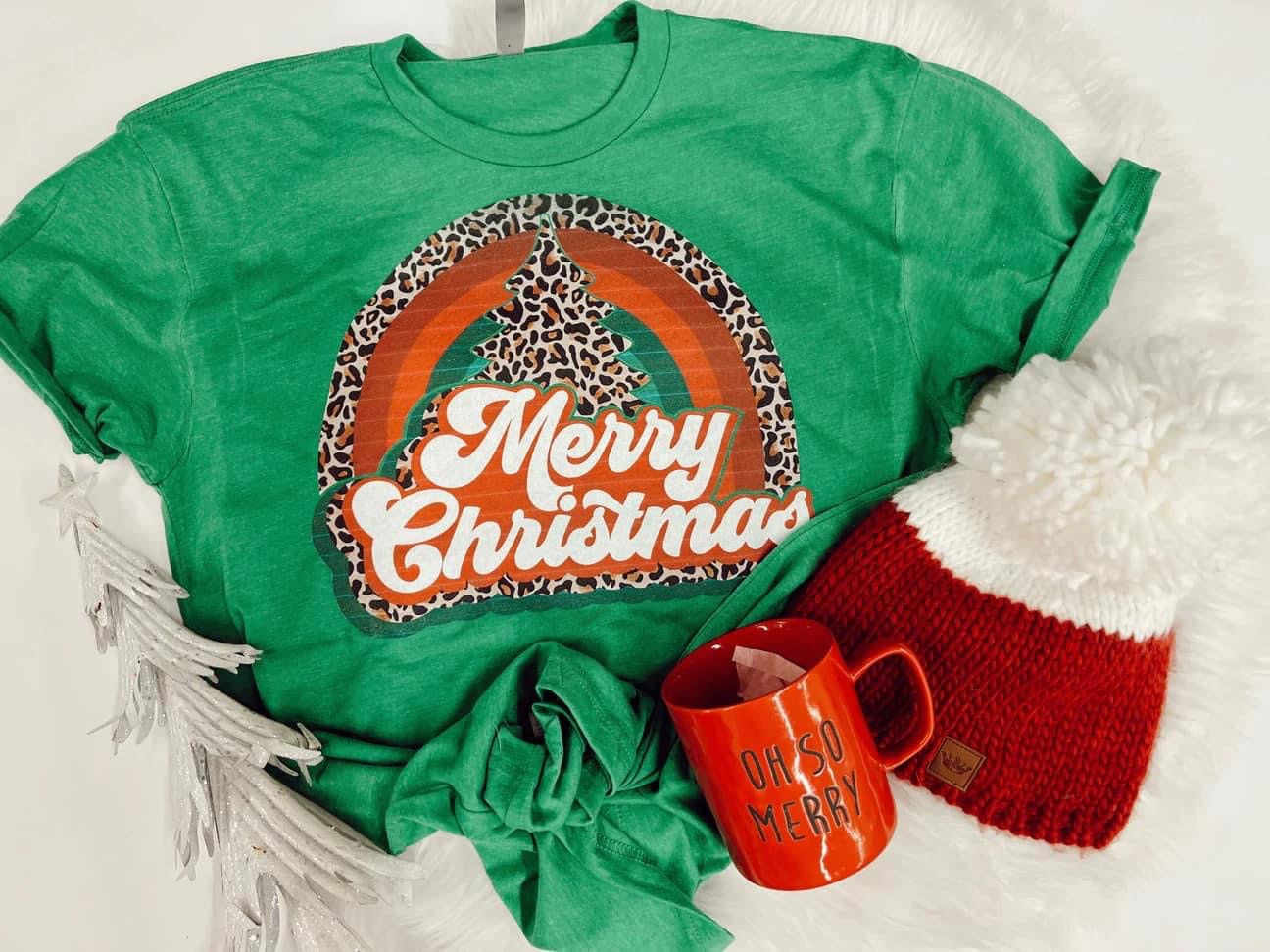 Special Order Leopard Trim Merry Christmas Green Tee