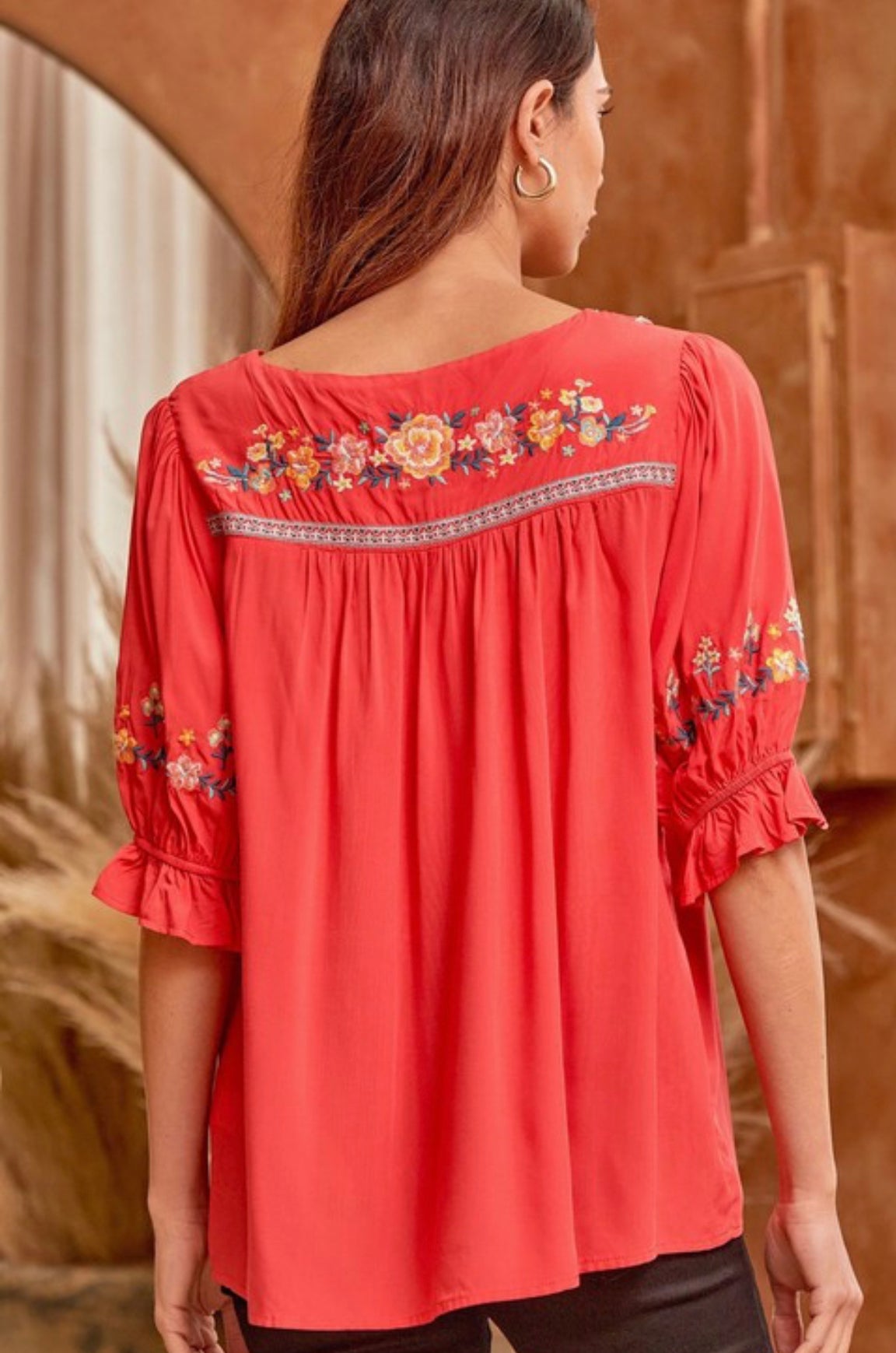 Wildflower Embroidery Top Tomato Red