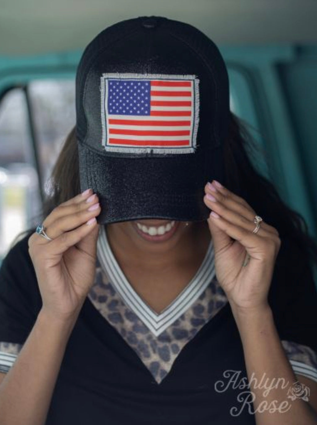 Classic American Flag Patch on Black Glitter High-Ponytail Hat