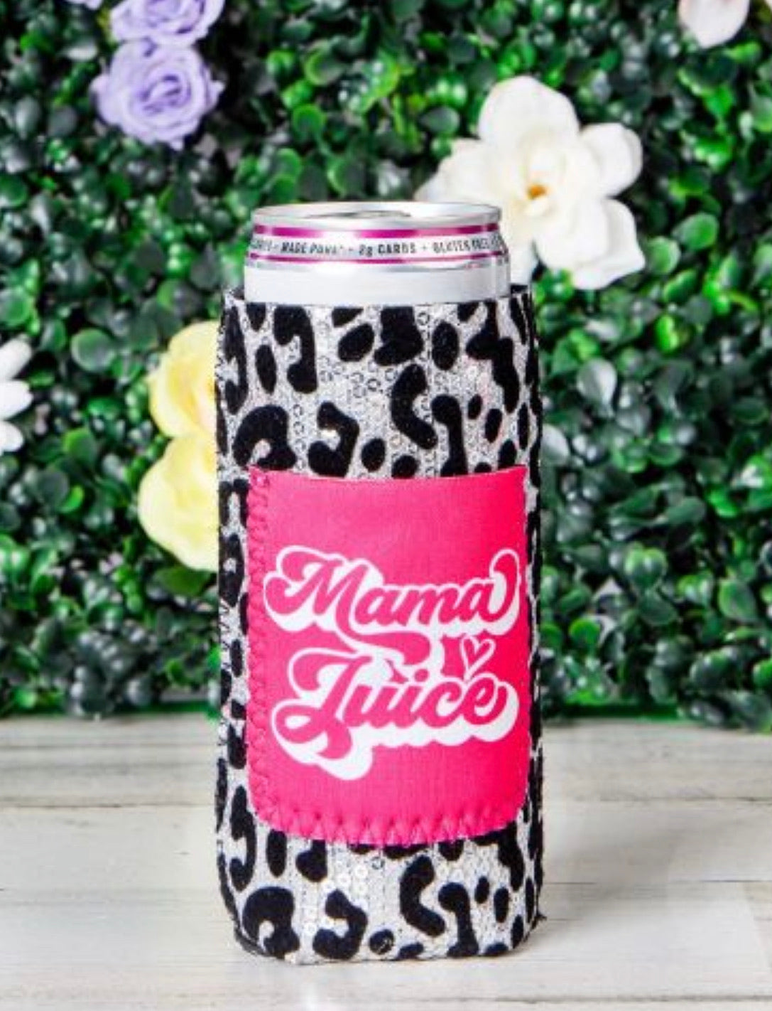 Peachy Keen Mama Juice Sequin Can Coolers For Slim Can