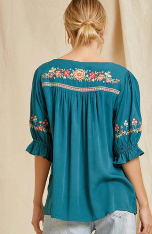 Wildflower Embroidery Top Teal