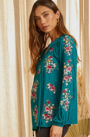 Walk The Line Teal Embroidery Top