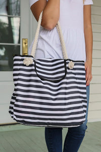 Rope Handle Top Flap Beach Bag Small Black Stripe