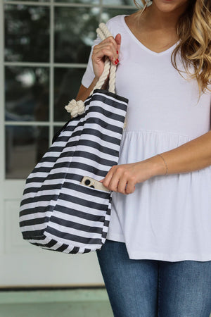 Rope Handle Top Flap Beach Bag Small Black Stripe