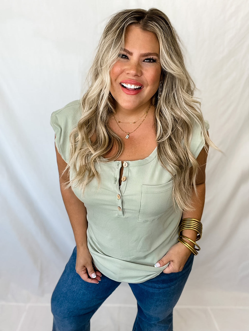 Lucy Ribbed Henley Top Sage